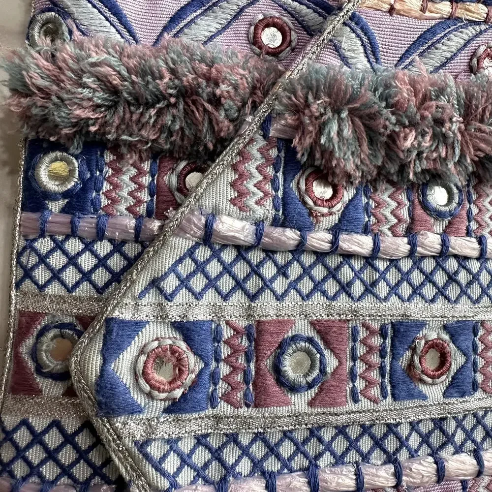 Chico's Boho Fringe Embroidered Purple Blue Multicolor Evening Party Clutch NWT